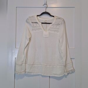 Beachlunchlounge Edie Boho Top Oversized Gauzey Crochet Lace Fringy White XS NEW